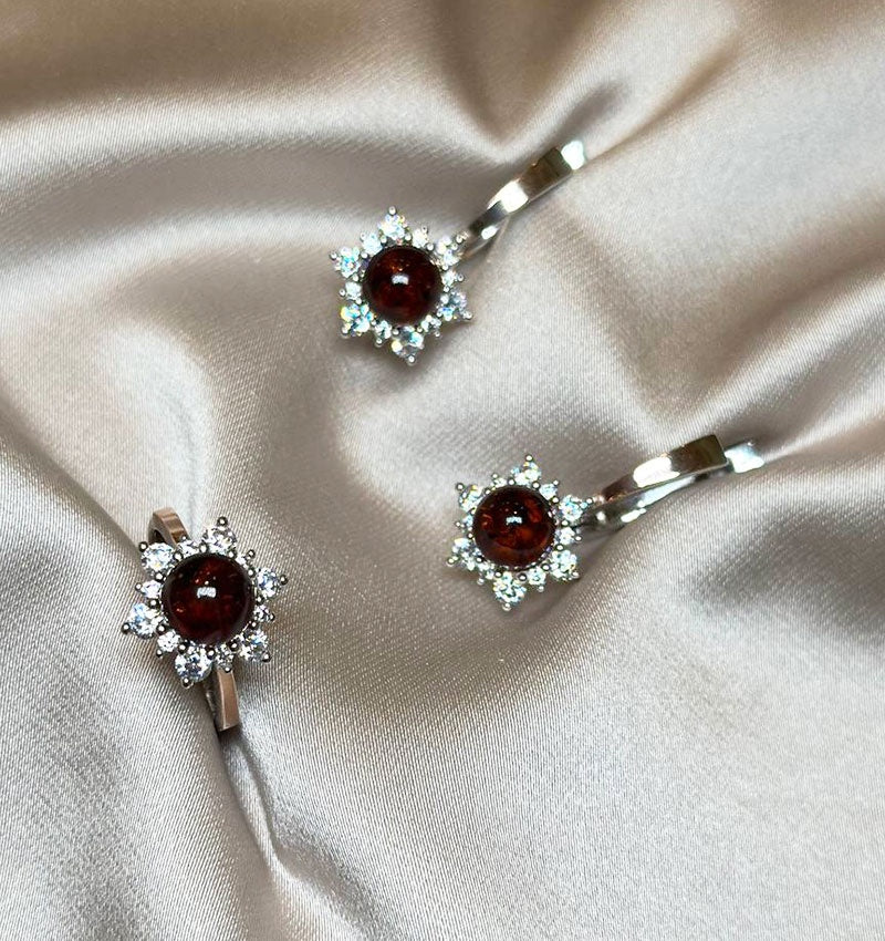 Сет из серебра с золотыми вставками с цирконом и янтарём