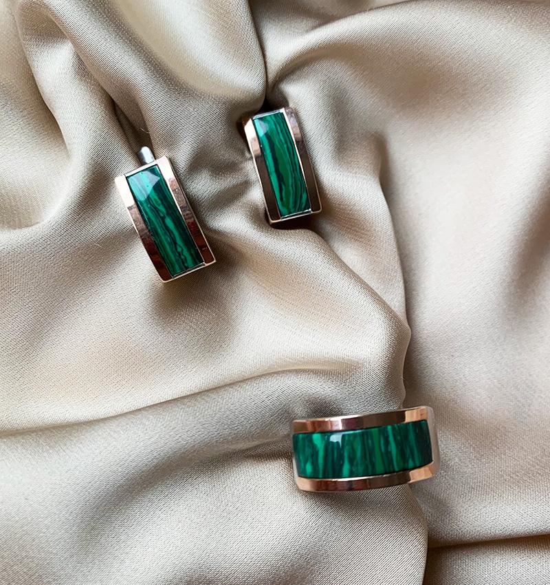 Set of Silver with gold inserts and malachite
