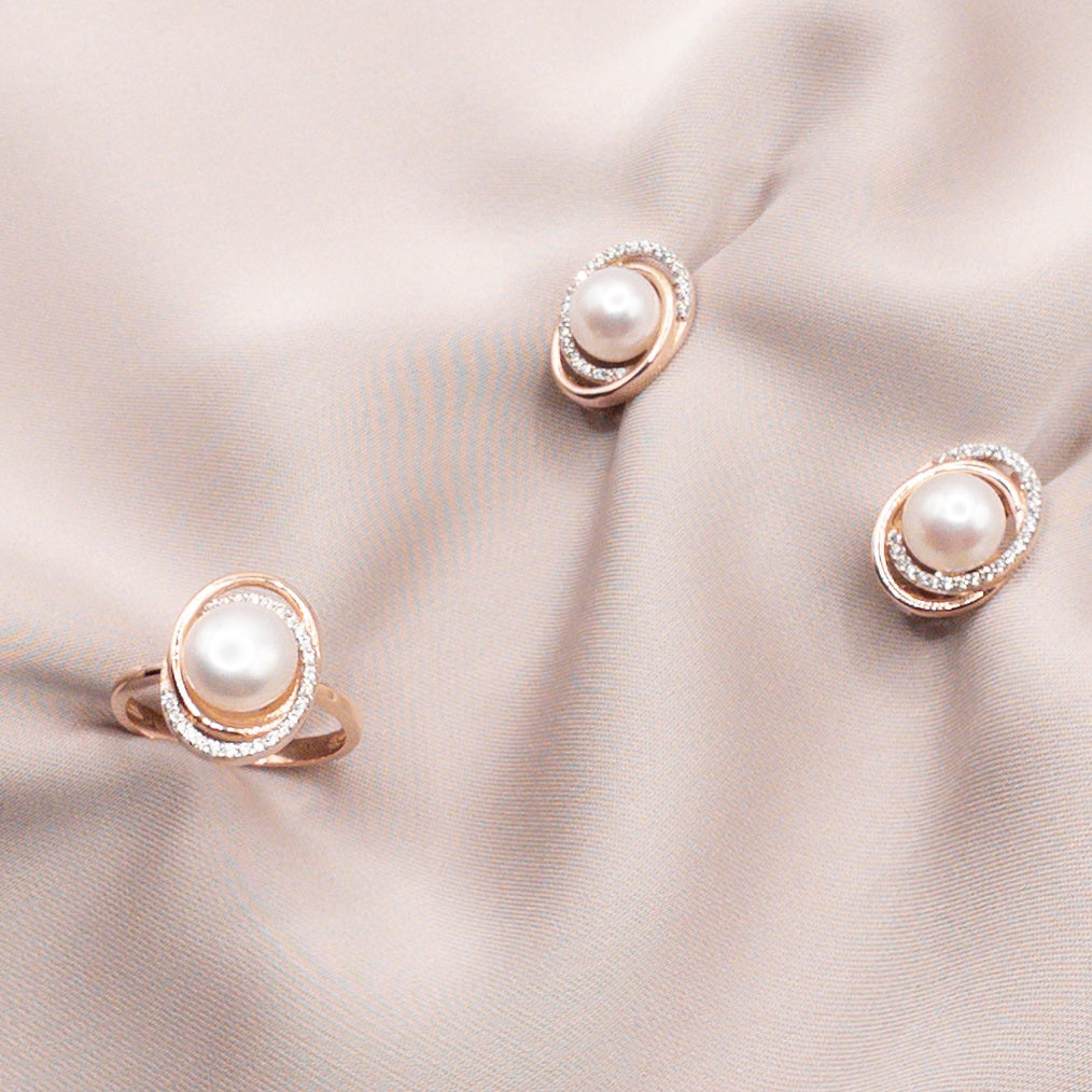 Сет из розового золота с цирконом и жемчугом
