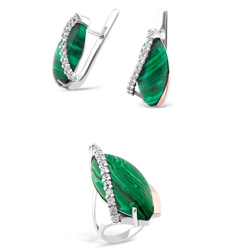 Un set de argint cu inserții de aur, malachit și zirconiu