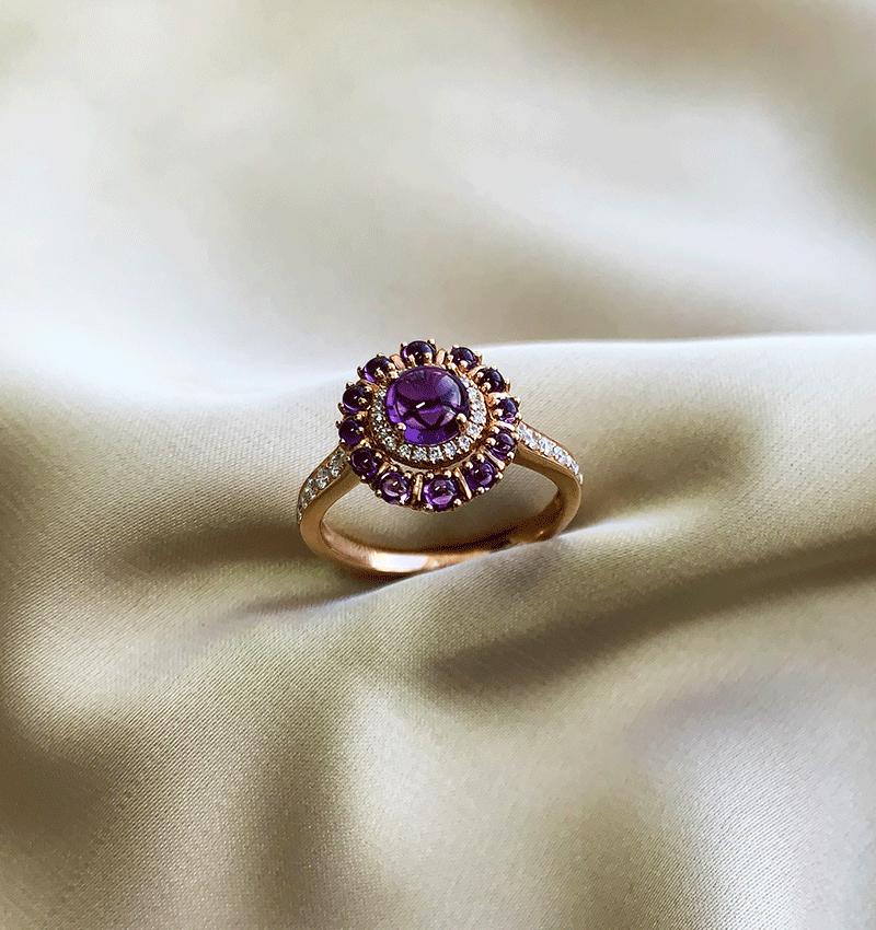 Inel din aur roz cu ametist și diamant de 0.23ct