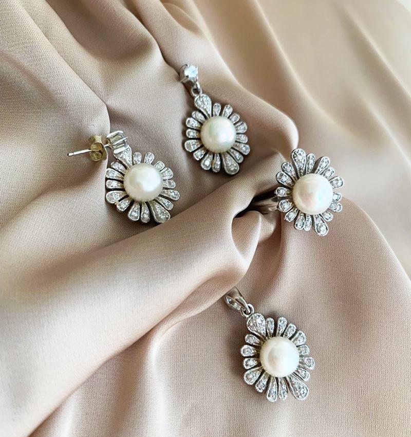 Set de argint cu zirconiu și perle