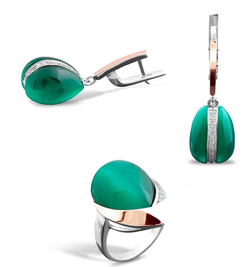 Un set de argint cu inserții de aur cu ulexit și zirconiu