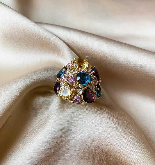 Inel din aur galben cu zirconiu, topaz, ametist și citrin