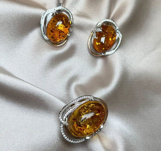 Сет из серебра с золотыми вставками с цирконом и янтарём