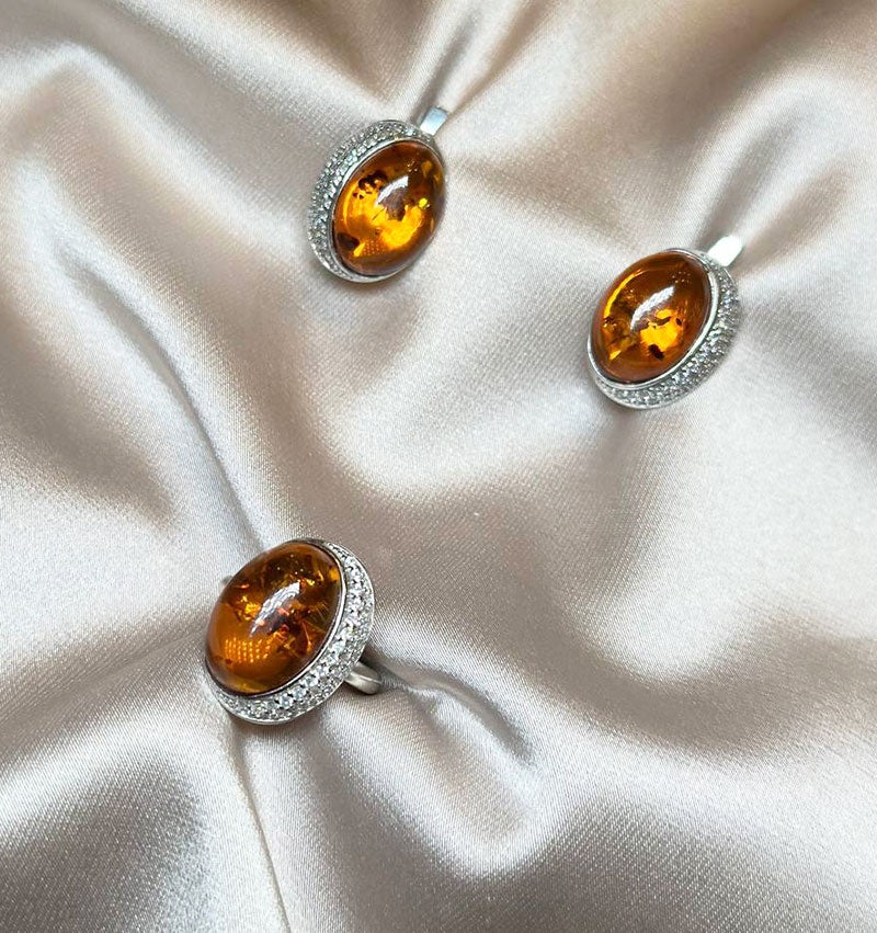 Сет из серебра с цирконом и янтарём