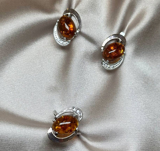 Сет из серебра с золотыми вставками с цирконом и янтарём