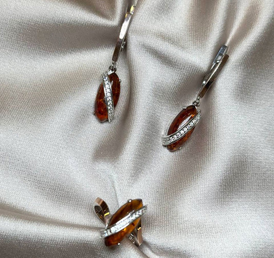 Сет из серебра с золотыми вставками с цирконом и янтарём