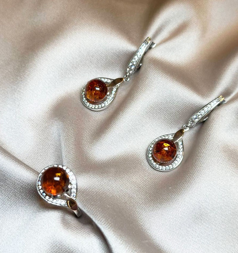 Сет из серебра с золотыми вставками с цирконом и янтарём