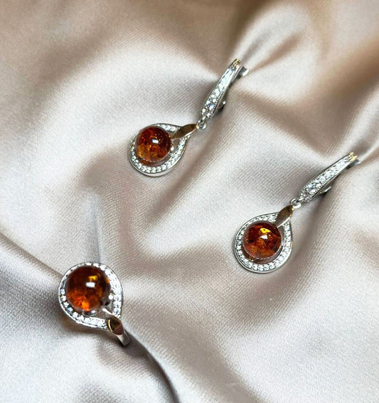 Сет из серебра с золотыми вставками с цирконом и янтарём