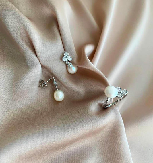 Set de argint cu zirconiu și perle