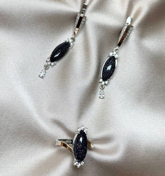 A set of silver with gold inserts, zircon and aventurine