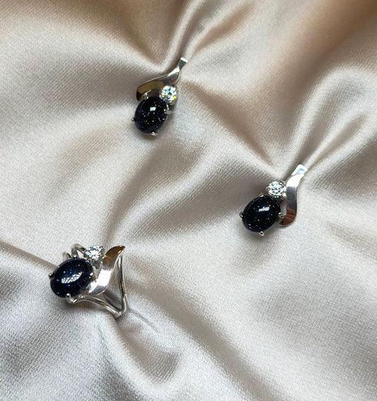 Сет из серебра с золотыми вставками с цирконом и авантюрином