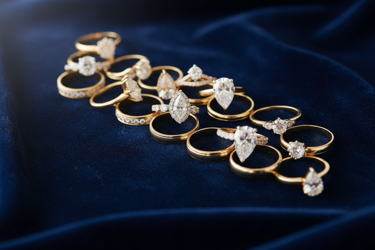 generate image for the "Ring size guide" wallpaper - create golden rings on the dark blue background