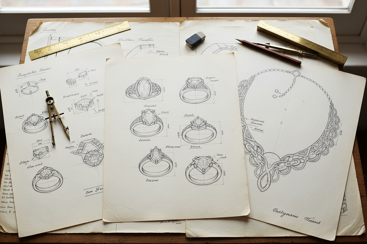 generate image of the blueprints of jewellery creation on the paper 