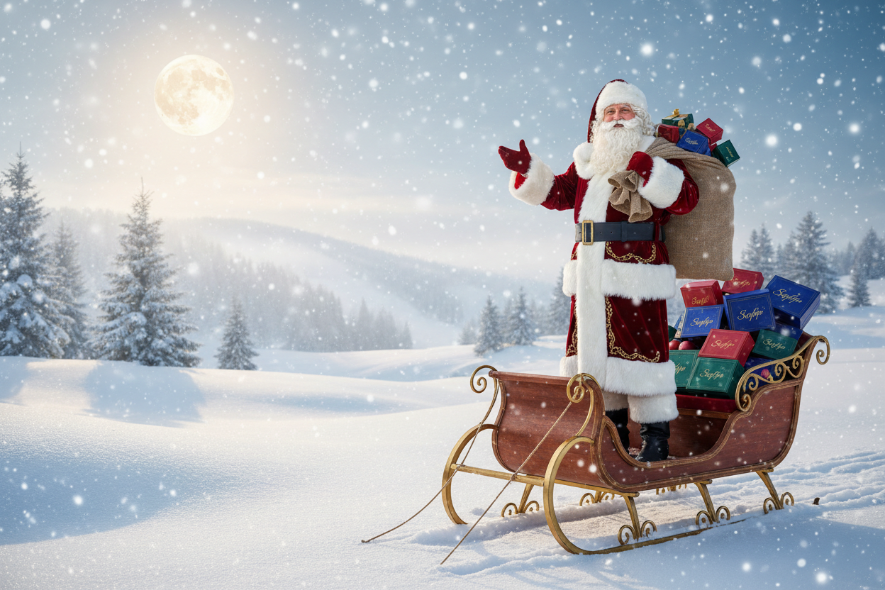 generate image of the santa being in the right corner on the slaves, carrying a bag full of jewellery boxes with the name "Sapfir" on them. Make the background snowy 