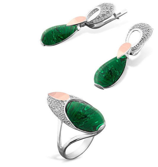 A set of silver with gold inserts, malachite and zircon