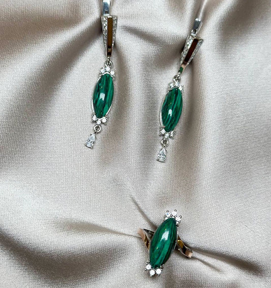 A set of silver with gold inserts, malachite and zircon