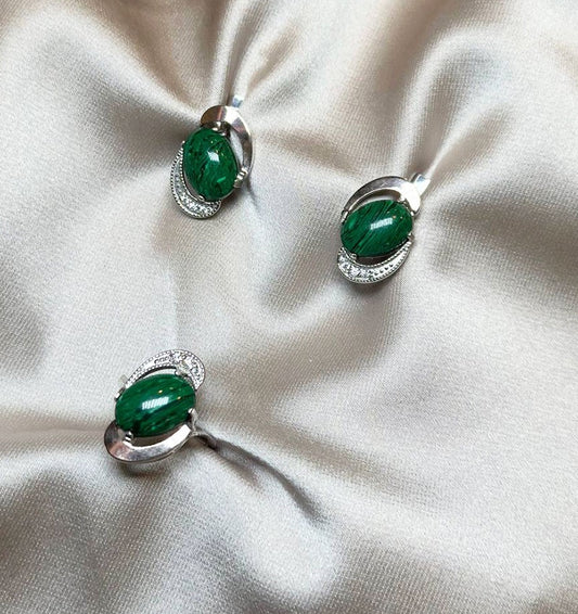 Сет из серебра с золотыми вставками с малахитом и цирконом