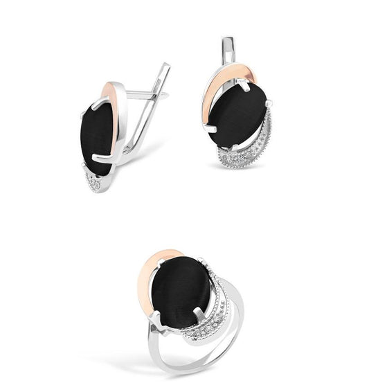 Set of Silver with gold inserts with zircon and onyx