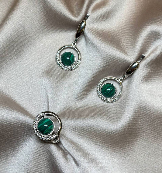 Silver set with malachite and zircon