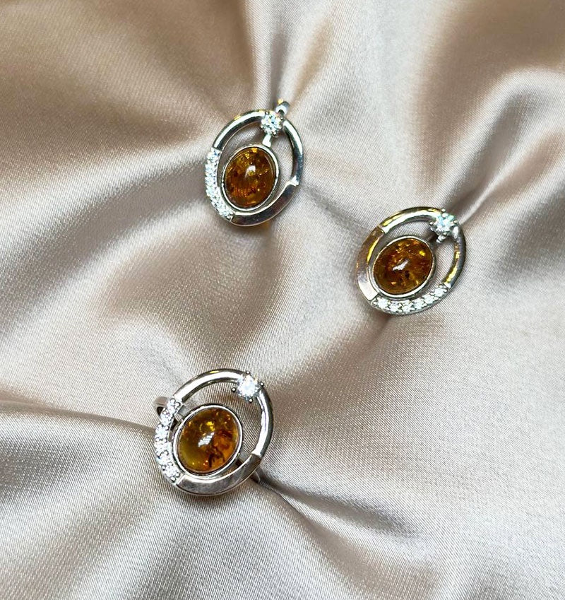 Сет из серебра с золотыми вставками с цирконом и янтарём